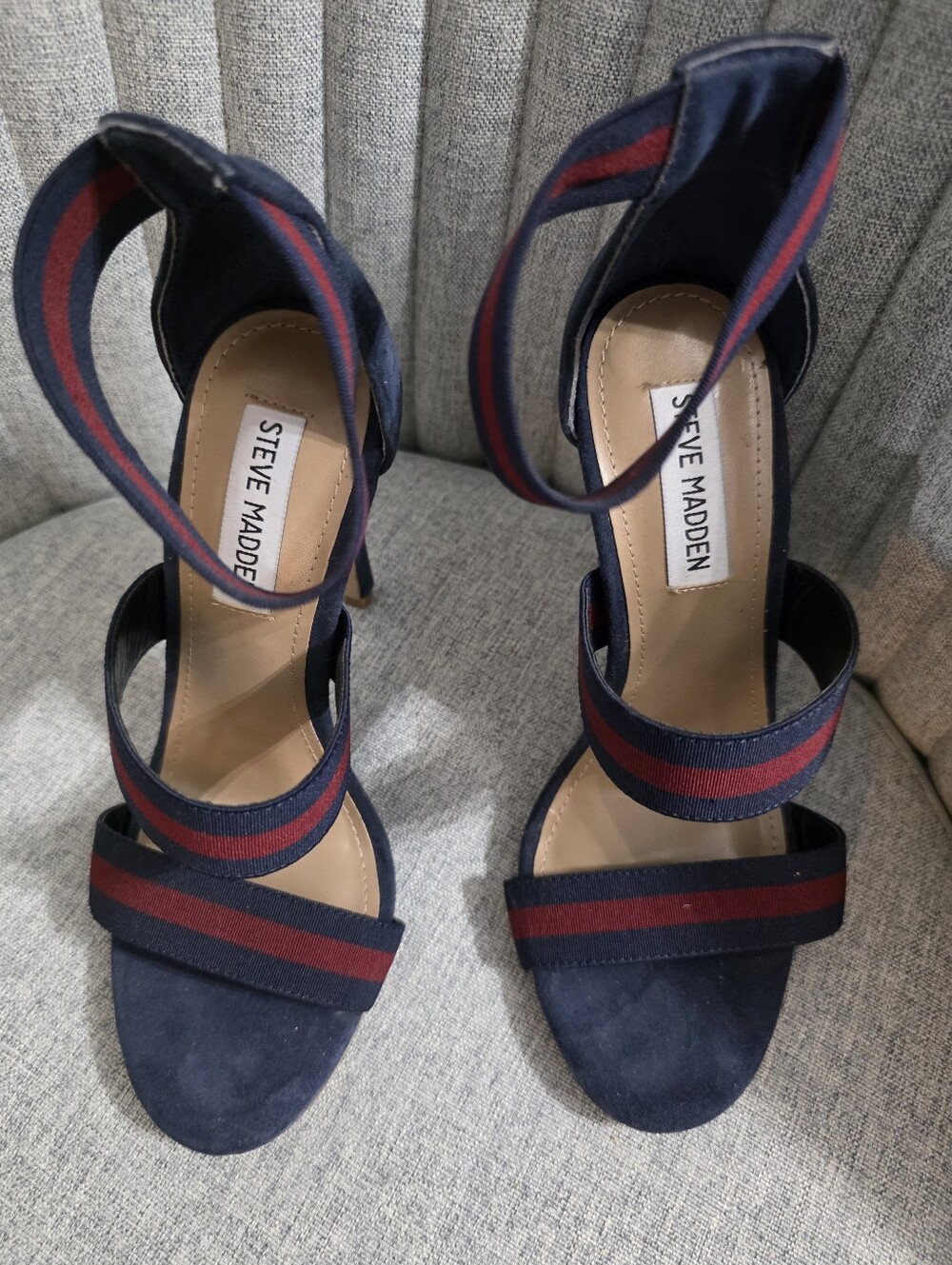 Steve Madden Navy Heeled Sandals with Red Stripe Detail